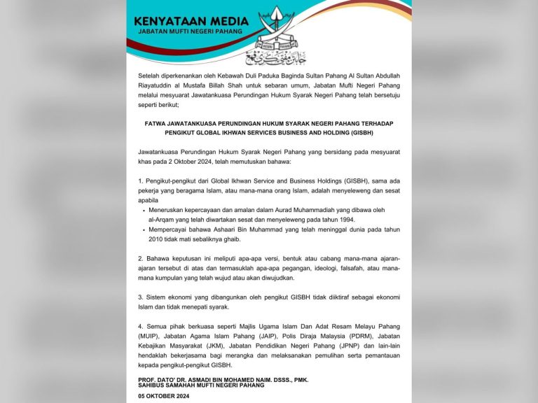 JABATAN MUFTI NEGERI PAHANG PUTUSKAN PENGIKUT GISBH MENYELEWENG, SESAT