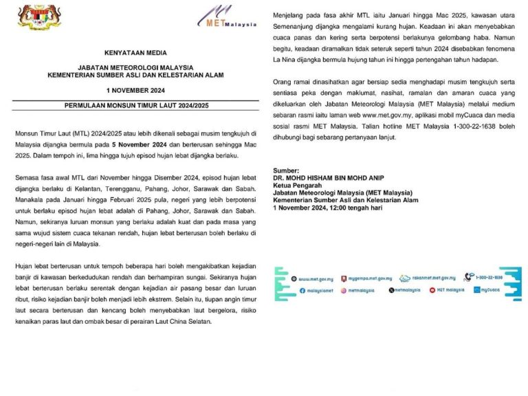 PENDUDUK PAHANG DIMINTA BERSIAP SEDIA HADAPI MONSUN TIMUR LAUT