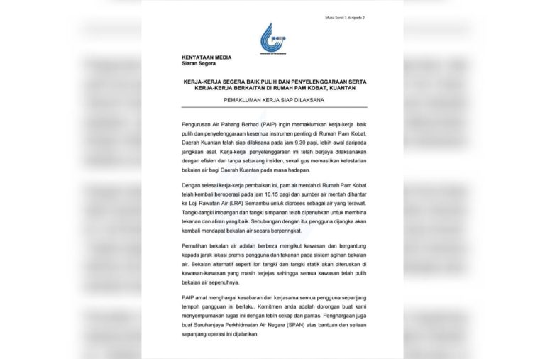 RUMAH PAM KOBAT KEMBALI BEROPERASI, KERJA BAIK PULIH SELESAI