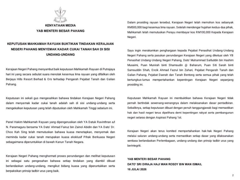 Mahkamah Rayuan tolak rayuan Berjaya Hills, sahkan semakan Cukai Tanah Pahang sah
