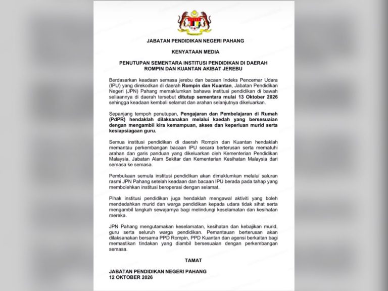 Jerebu: Institusi pendidikan di Rompin, Kuantan ditutup sementara mulai esok